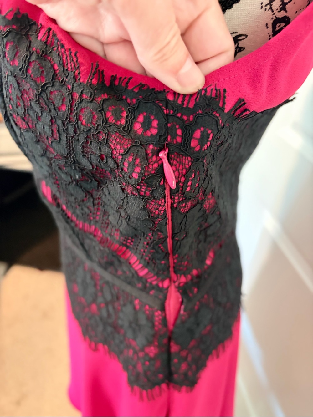 LOFT Fuchsia Sleeveless Dress with Black Lace Waist Detail - Picture 3 of 5